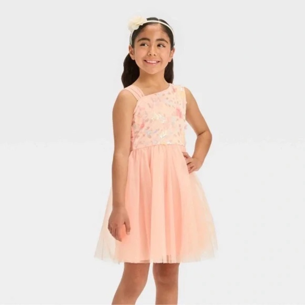 Cat & Jack Girls' One-Shoulder Sequin Dress - Blush Peach